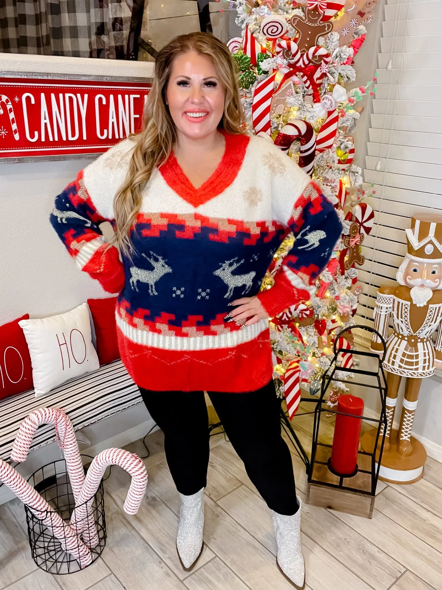 Fuzzy V-Neck Reindeer Snowflake Sweater FINAL SALE