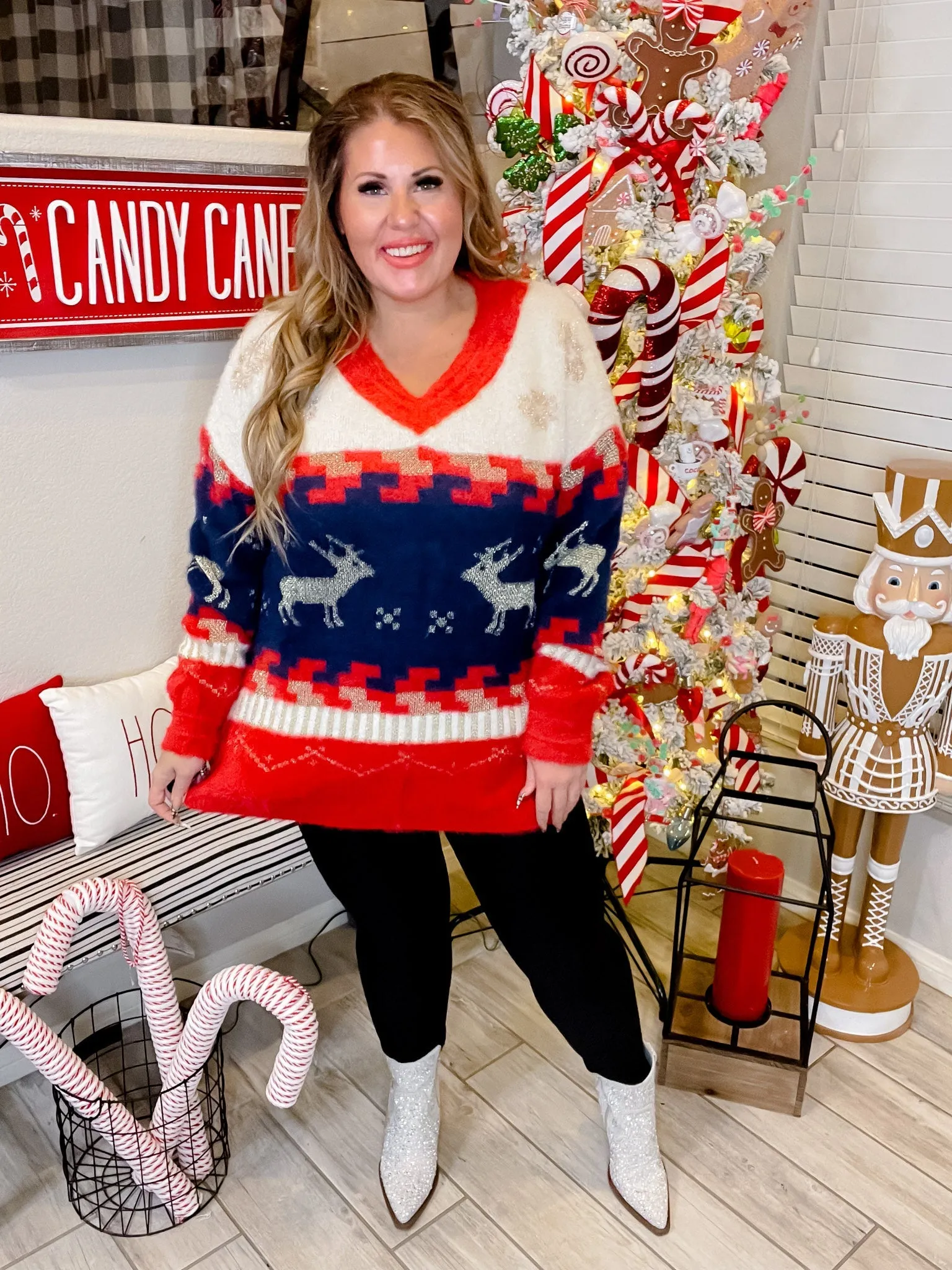 Fuzzy V-Neck Reindeer Snowflake Sweater FINAL SALE