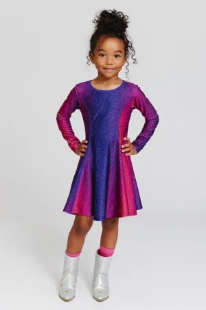 Girls Hi-Shine Long Sleeve Skater Dress in Jewel Glitter