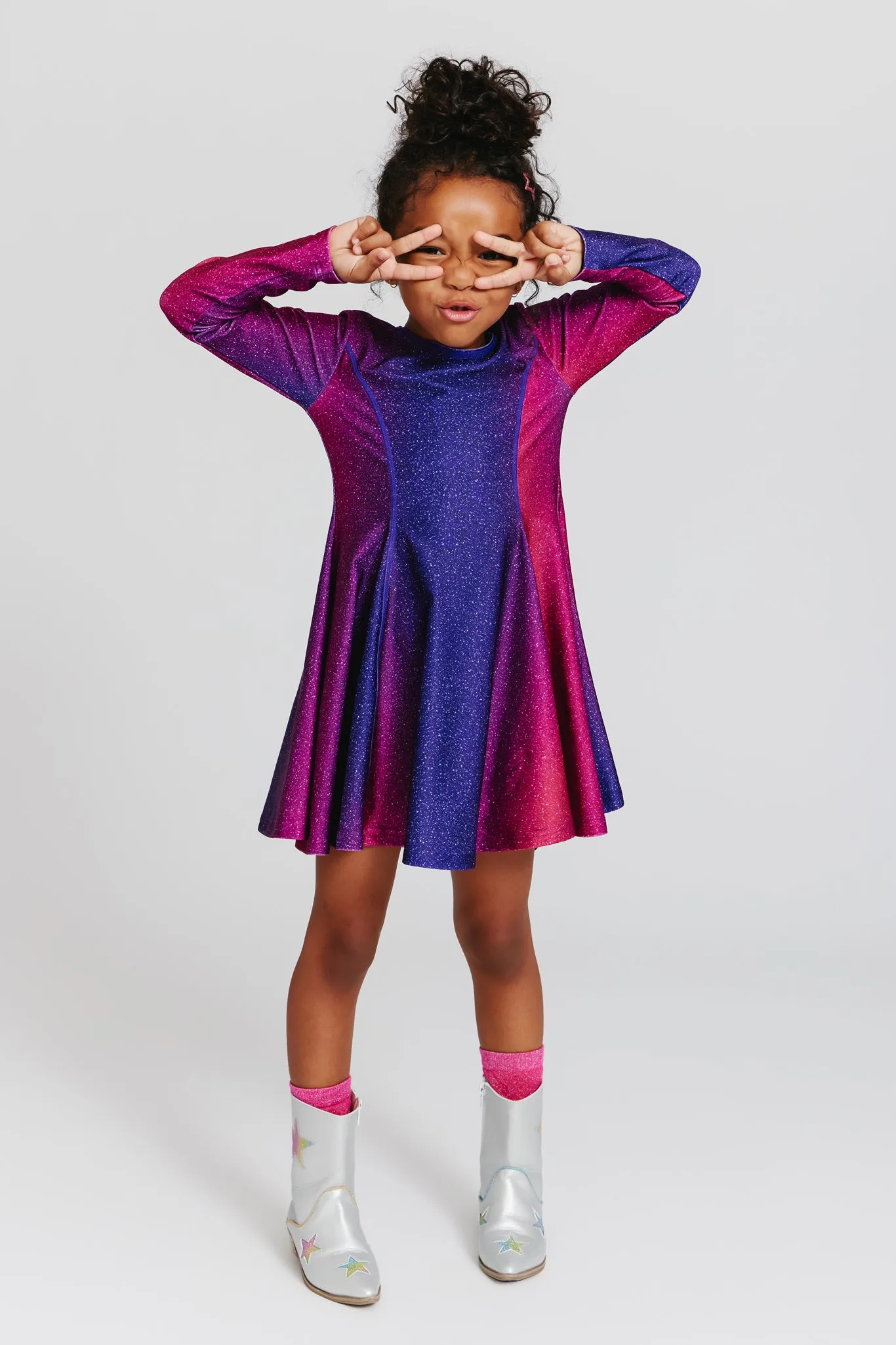 Girls Hi-Shine Long Sleeve Skater Dress in Jewel Glitter