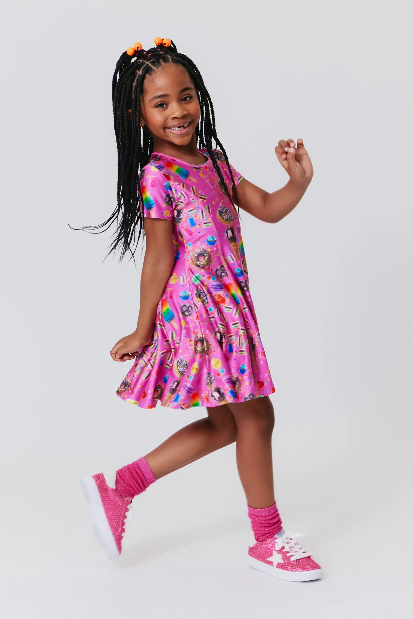 Girls Short Sleeve Skater Dress in Pink Candy Spill