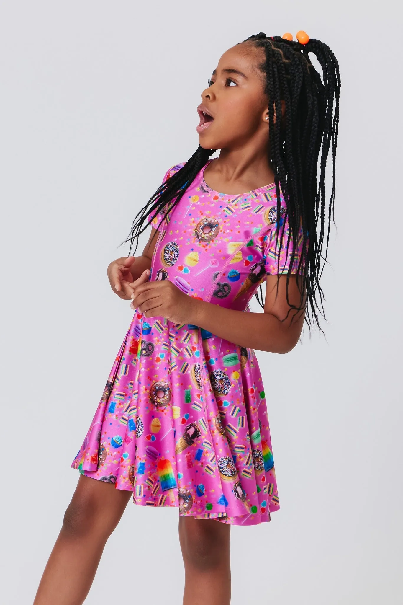 Girls Short Sleeve Skater Dress in Pink Candy Spill