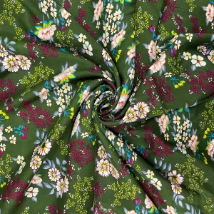 Green With White Floral Print Rayon Fabric