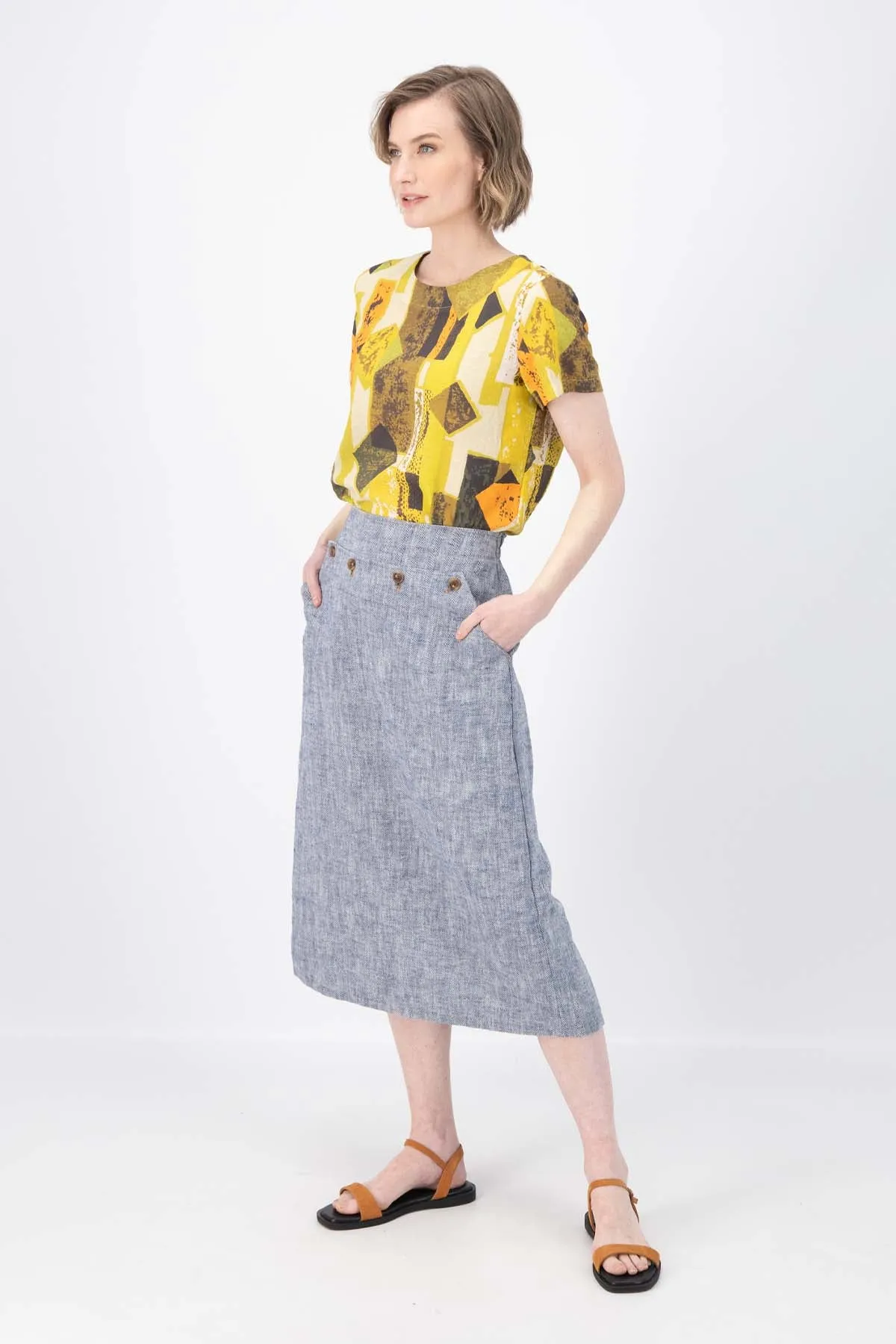 Hepburn Panorama Skirt Navy in Herringbone Linen