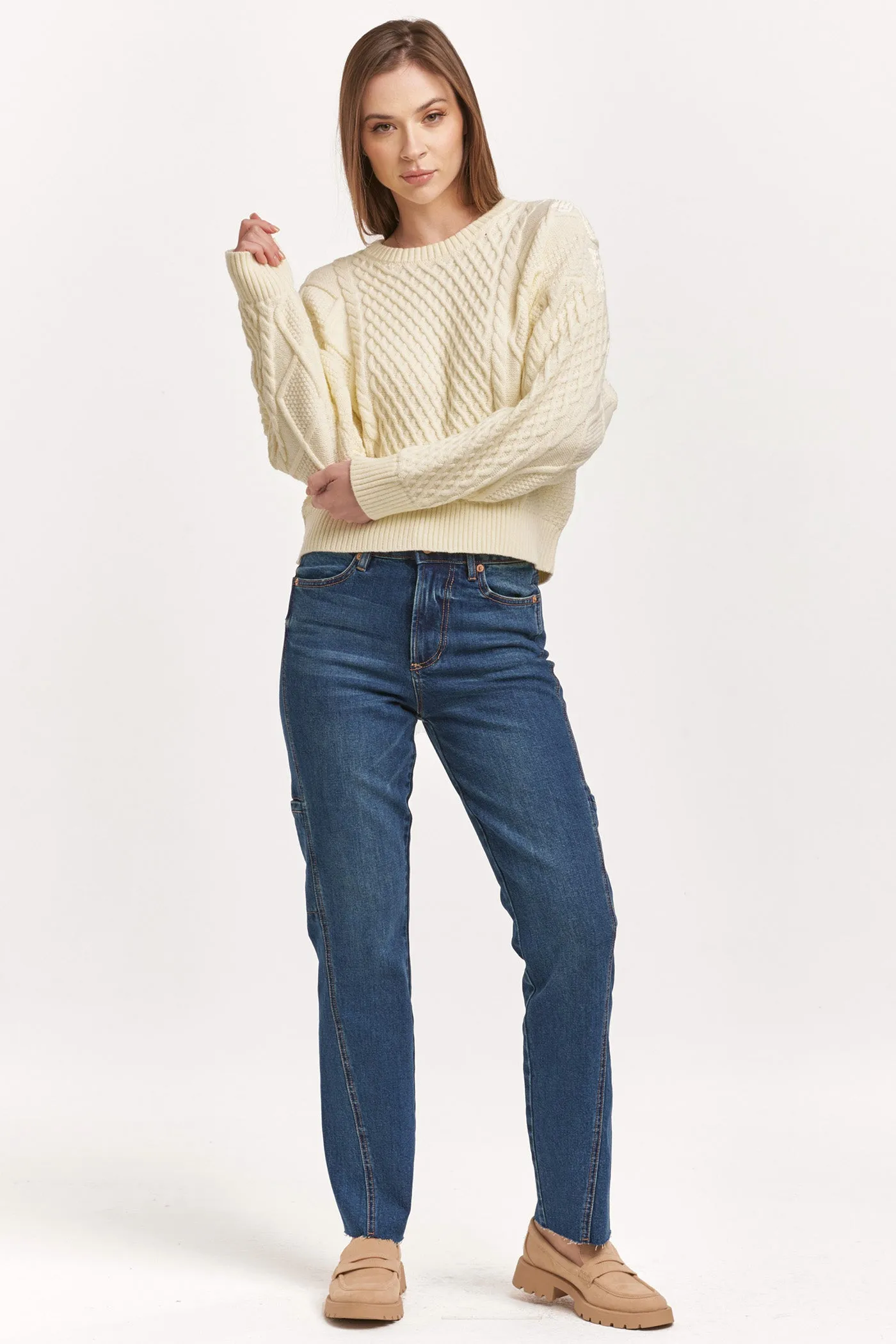 HOLDEN CREW NECK LONG SLEEVE RELAXED FIT SWEATER CREAM