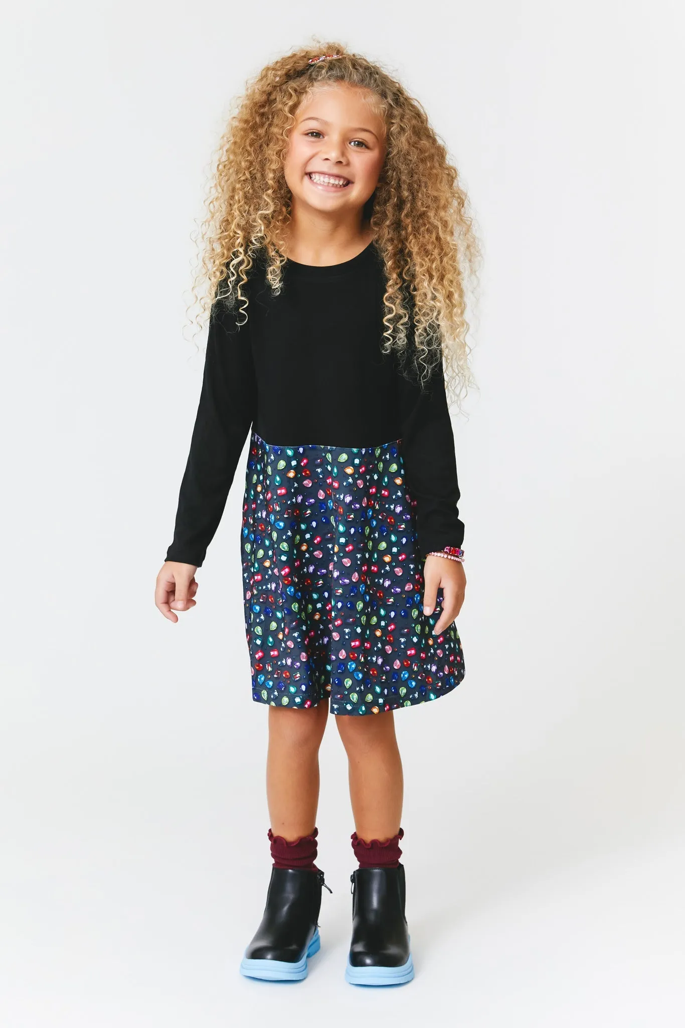 Kids Long Sleeve Dress in Rainbow Gems