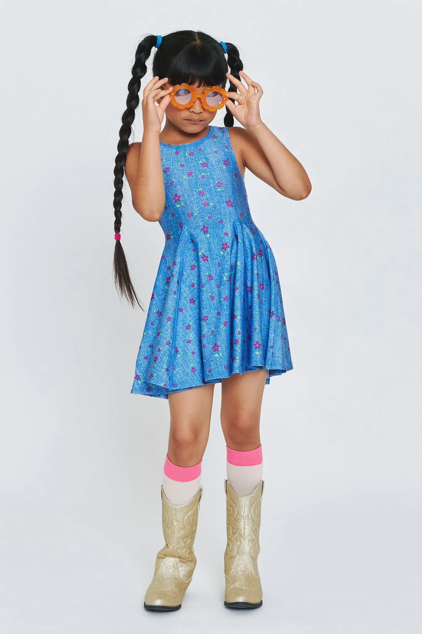 Kids Skater Dress in Floral Denim