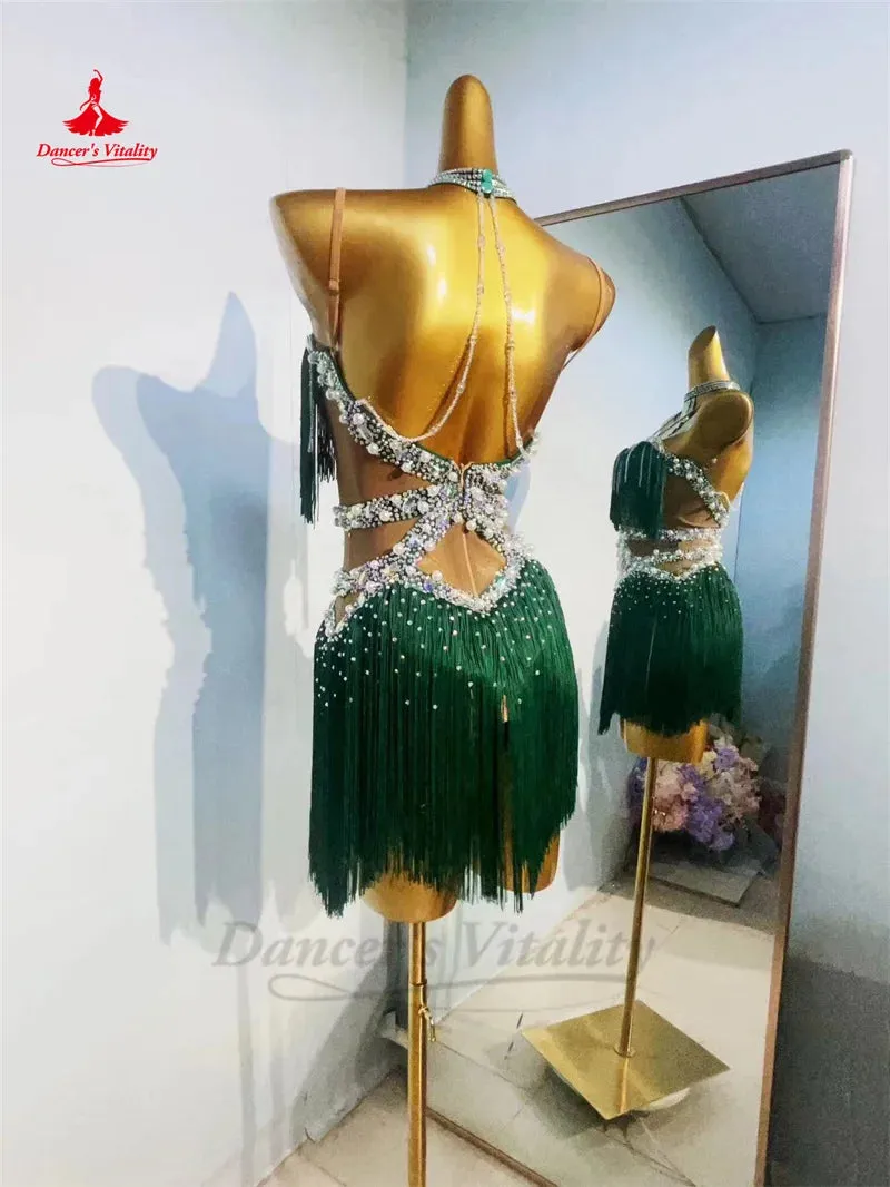 Latin Dance Fringe Dress for Women Custom Rumba Chacha Performance Tassel Skirt Adult Child Latin Dancing Professional Dresses