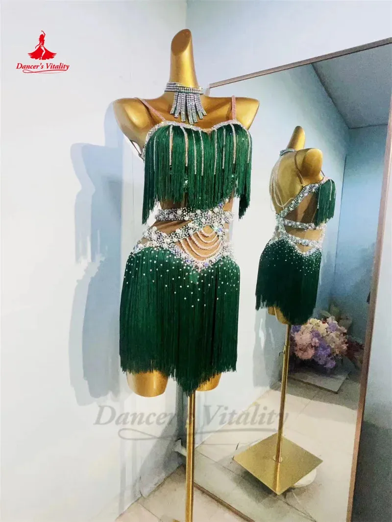 Latin Dance Fringe Dress for Women Custom Rumba Chacha Performance Tassel Skirt Adult Child Latin Dancing Professional Dresses