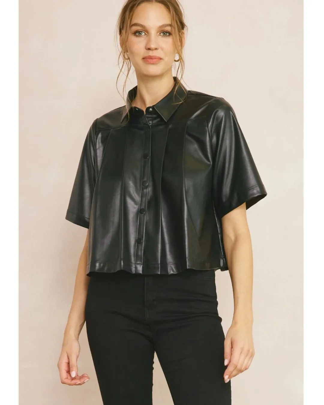 Mariya Faux Leather Button Up Top Black