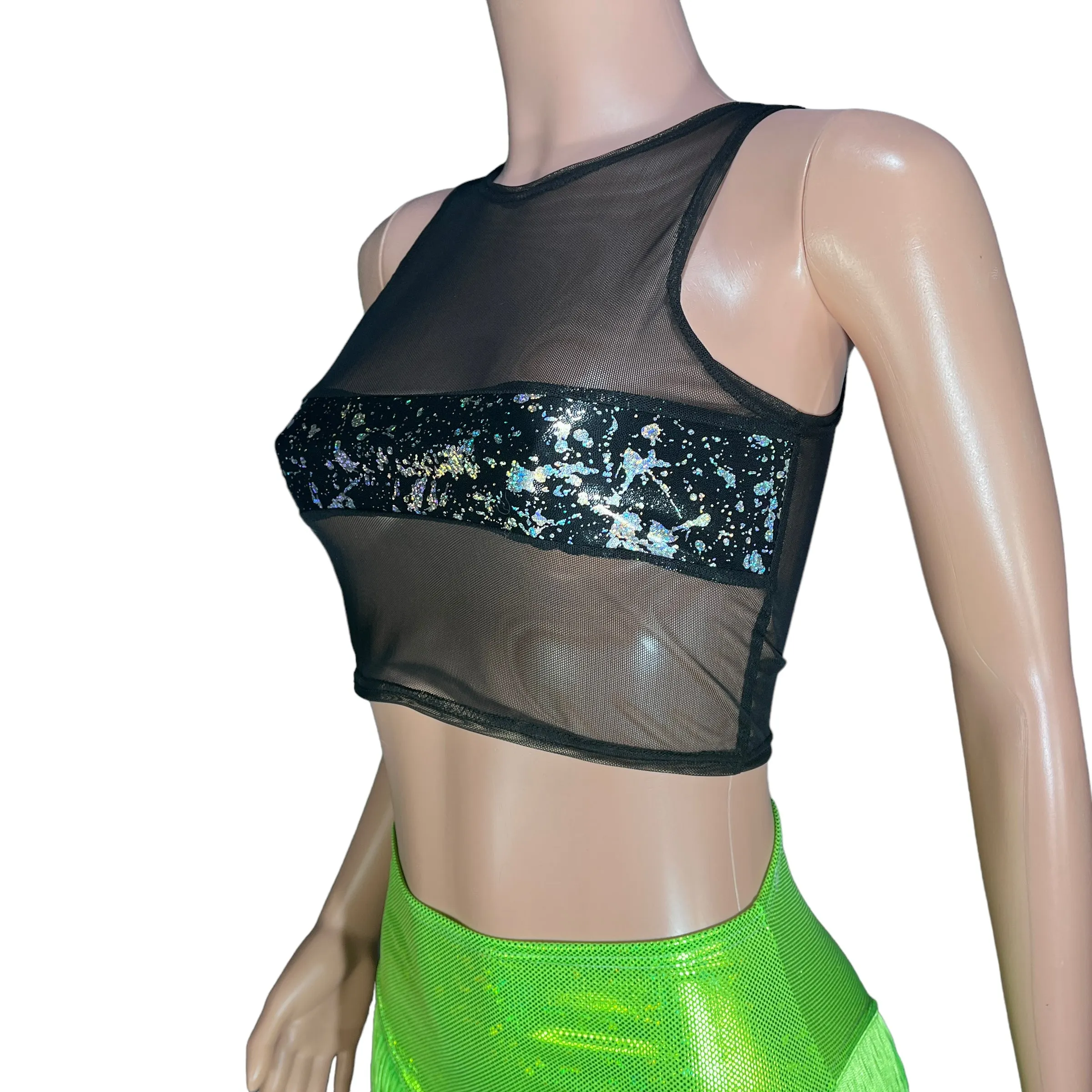 Mesh Censor Crop Tank - Black Mesh w/ Black Holo Splatter Holographic