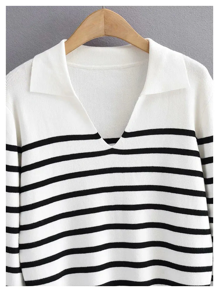 Minority retro lazy black and white striped sweater knitwear female     S2523