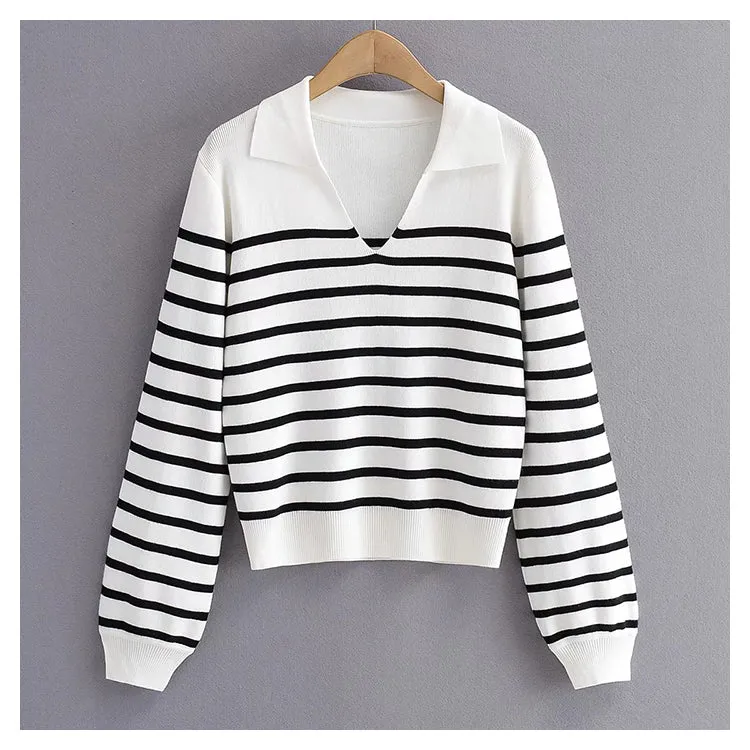 Minority retro lazy black and white striped sweater knitwear female     S2523