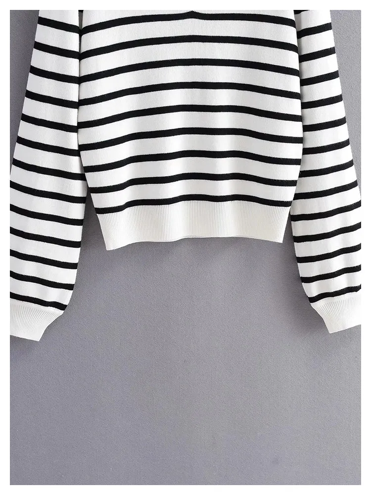 Minority retro lazy black and white striped sweater knitwear female     S2523