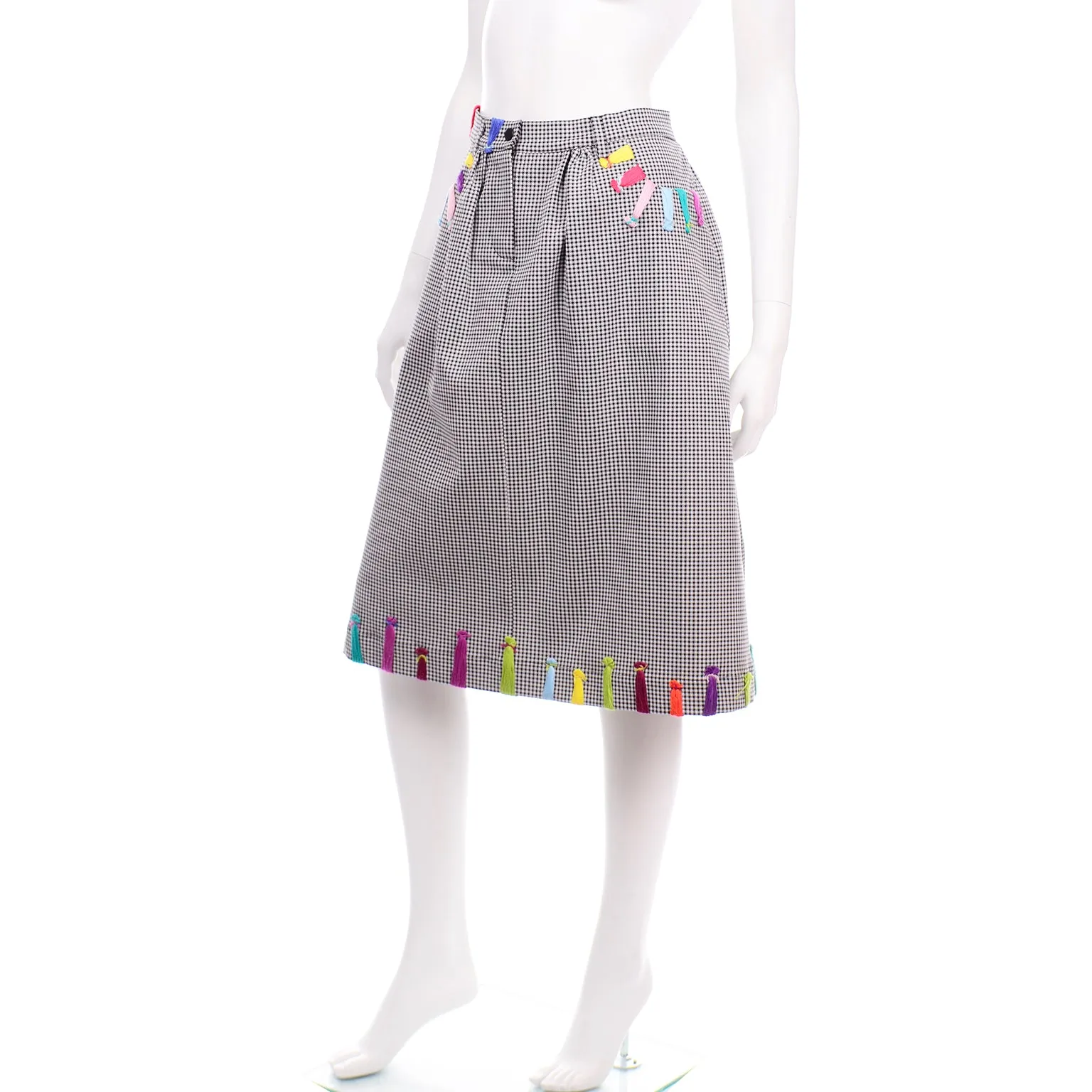 Mira Mikati Black & White Houndstooth Skirt W Colorful Knit Trim