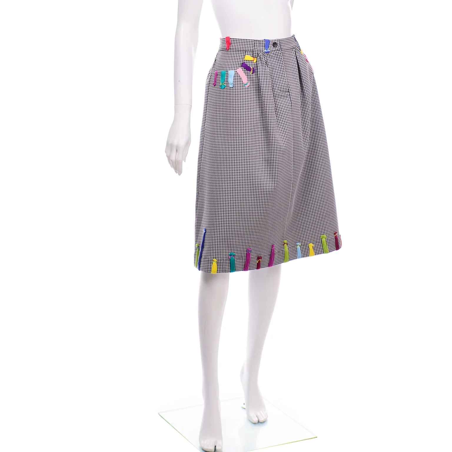 Mira Mikati Black & White Houndstooth Skirt W Colorful Knit Trim