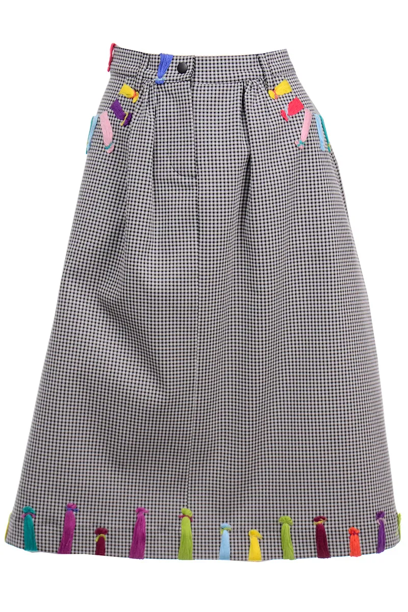 Mira Mikati Black & White Houndstooth Skirt W Colorful Knit Trim