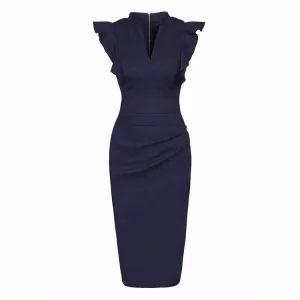 Navy Blue Ruffle Shoulder Bodycon Pencil Dress