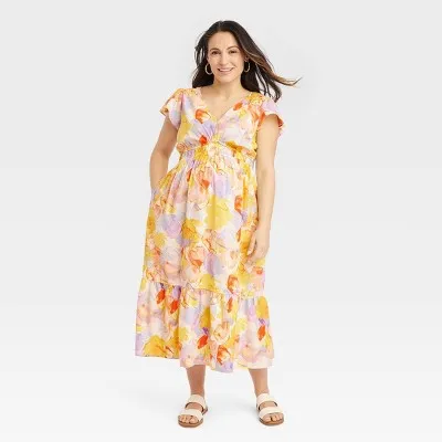 New - Flutter Sleeve Short Woven Maternity Dress - Isabel Maternity by Ingrid & Isabel Yellow Floral XL