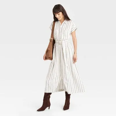 New - Women's Short Sleeve Belted Midi Shirtdress - Universal Thread