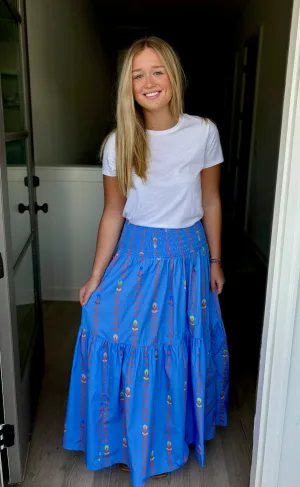 Periwinkle Floral Vine Smock Waist Tier Maxi Skirt