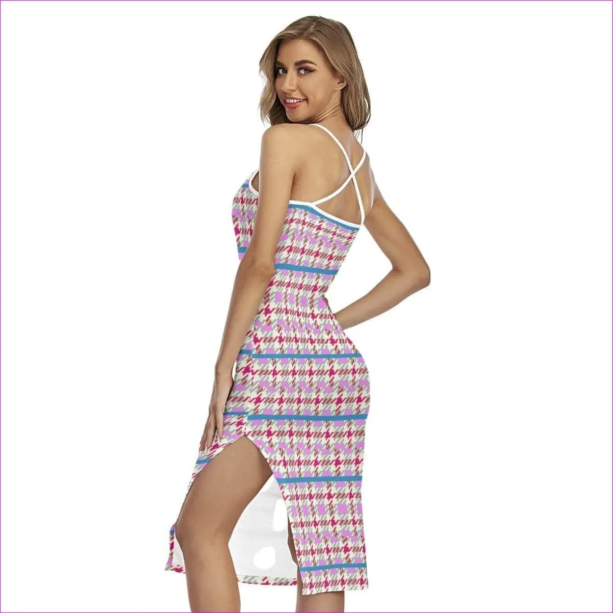 Pink Houndstooth Womens Back Cross Cami Dress