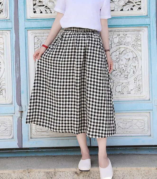 Plaid Women's Skirts Summer Linen Skirt Elastic Waist SSM09755