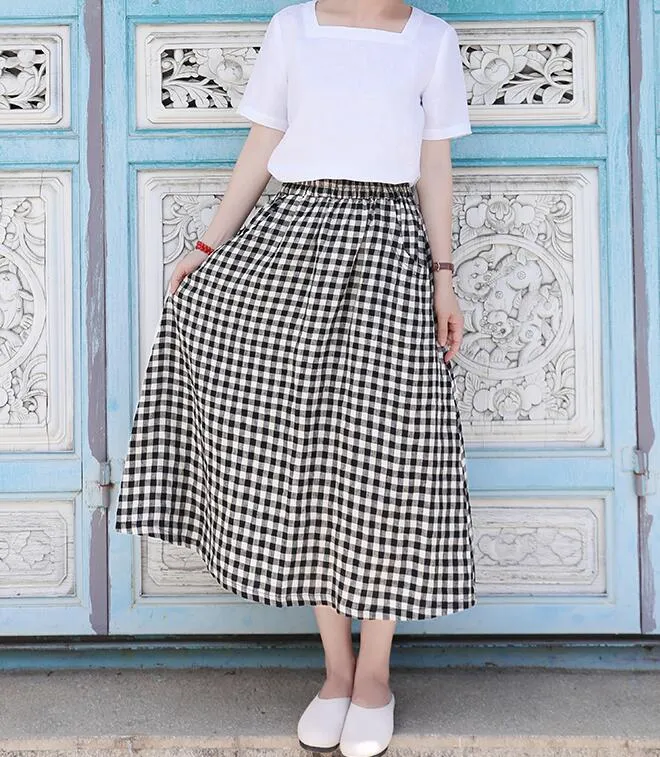 Plaid Women's Skirts Summer Linen Skirt Elastic Waist SSM09755