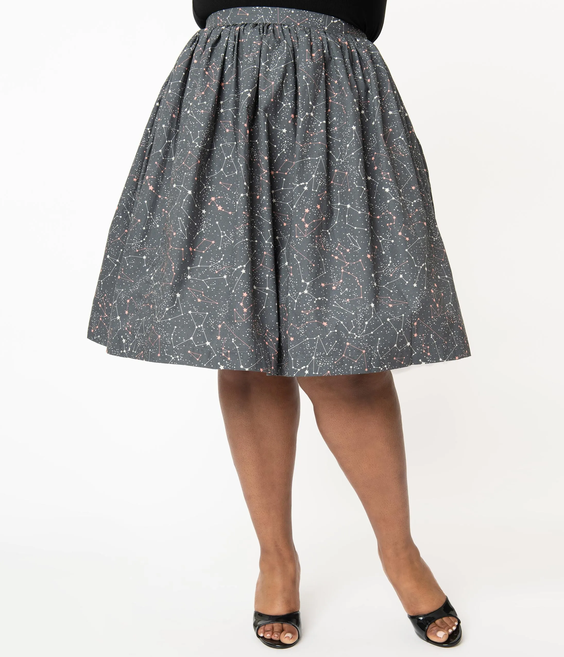 Plus Size Grey Constellation Print Gathered Swing Skirt