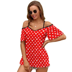 Red With White Mickey Polka Dots Women's Off-Shoulder Cold Shoulder Camisole Top