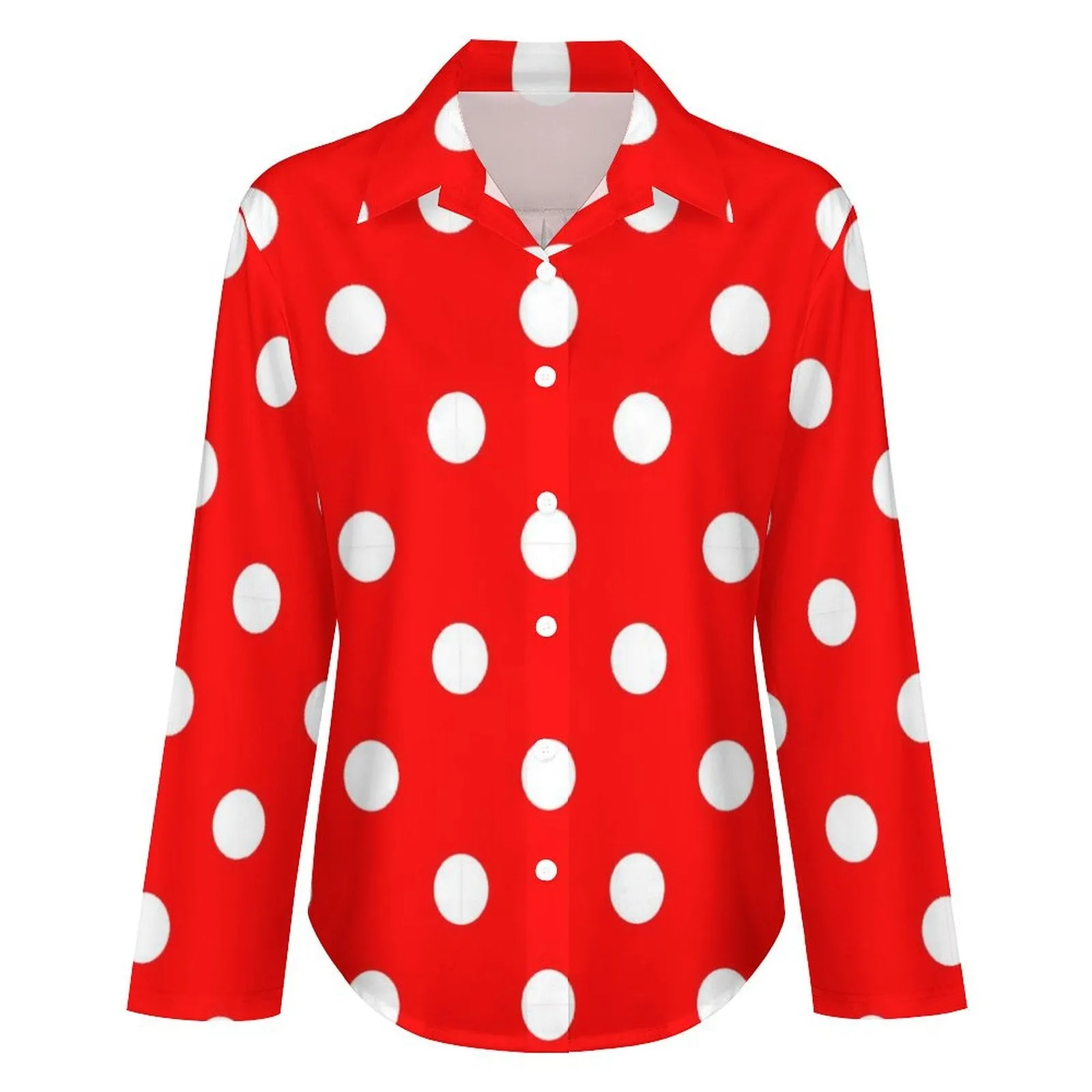 Red With White Polka Dots Long Sleeve Button Up Blouse