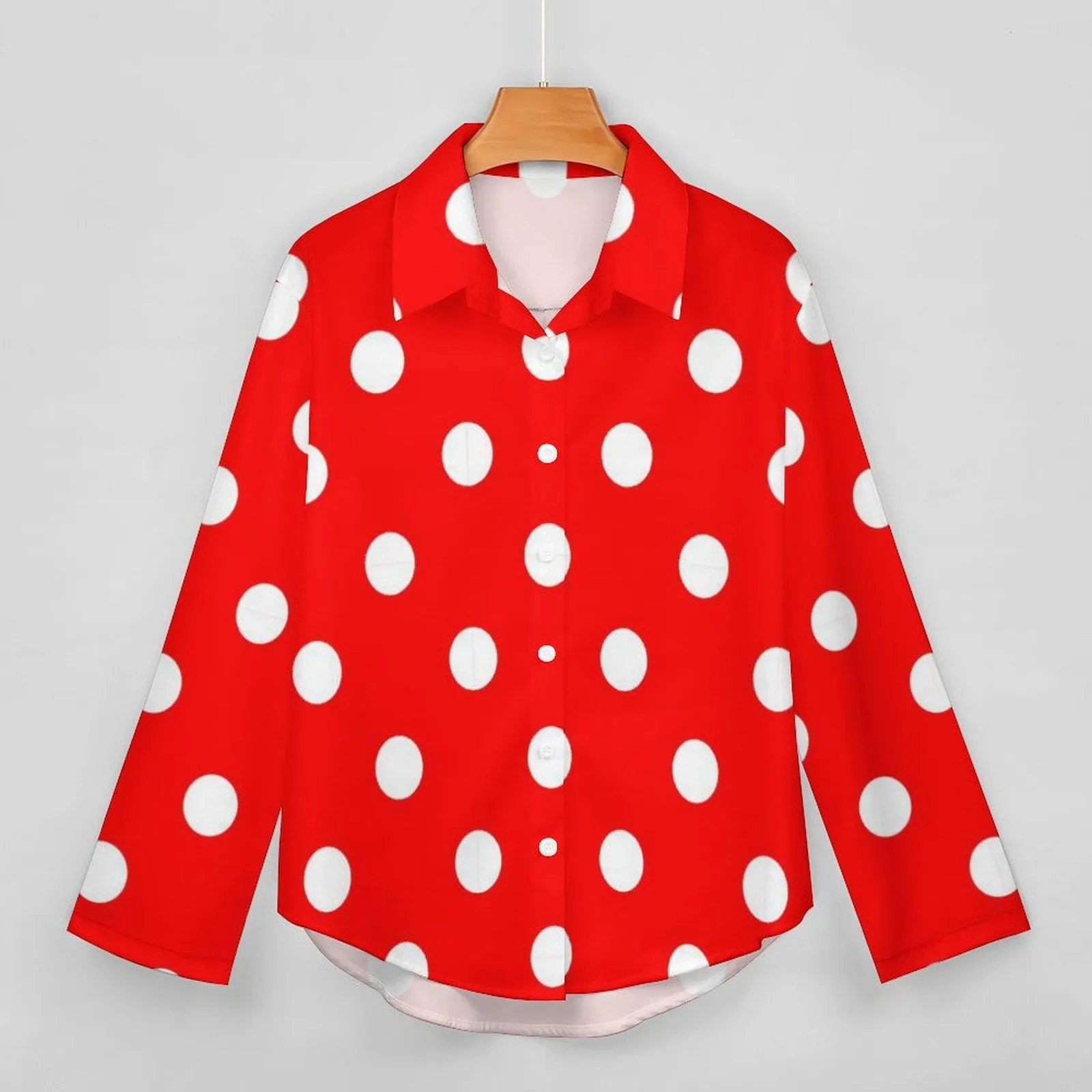 Red With White Polka Dots Long Sleeve Button Up Blouse