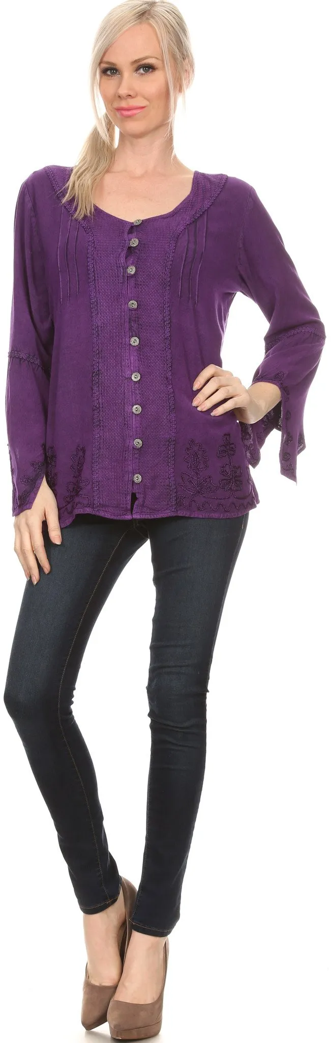 Sakkas Savannah Scoop Neck Button Down Embroiderd Long Sleeve Blouse Top/Shirt