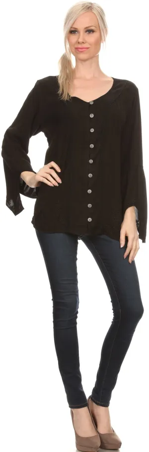 Sakkas Savannah Scoop Neck Button Down Embroiderd Long Sleeve Blouse Top/Shirt