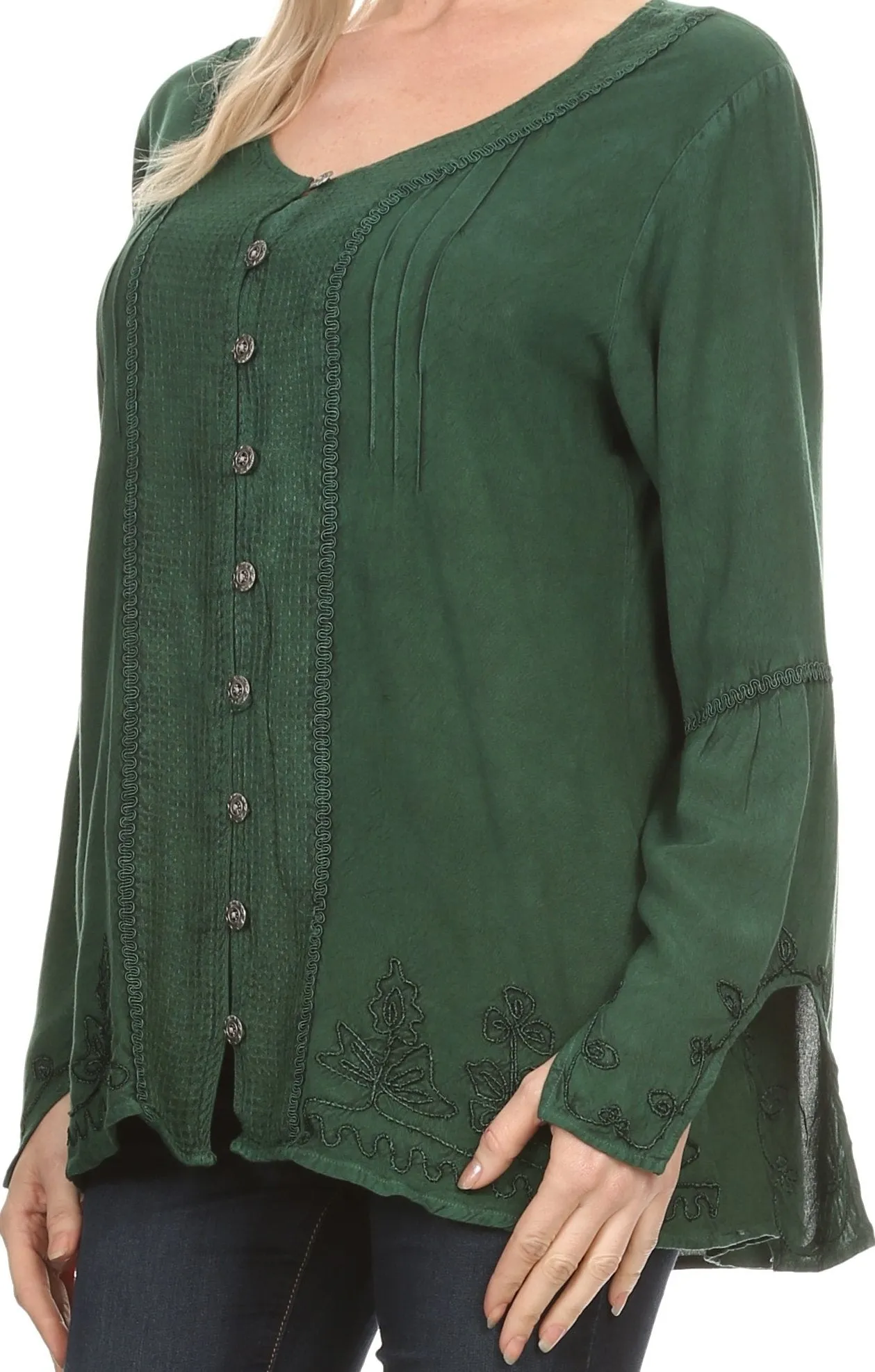 Sakkas Savannah Scoop Neck Button Down Embroiderd Long Sleeve Blouse Top/Shirt