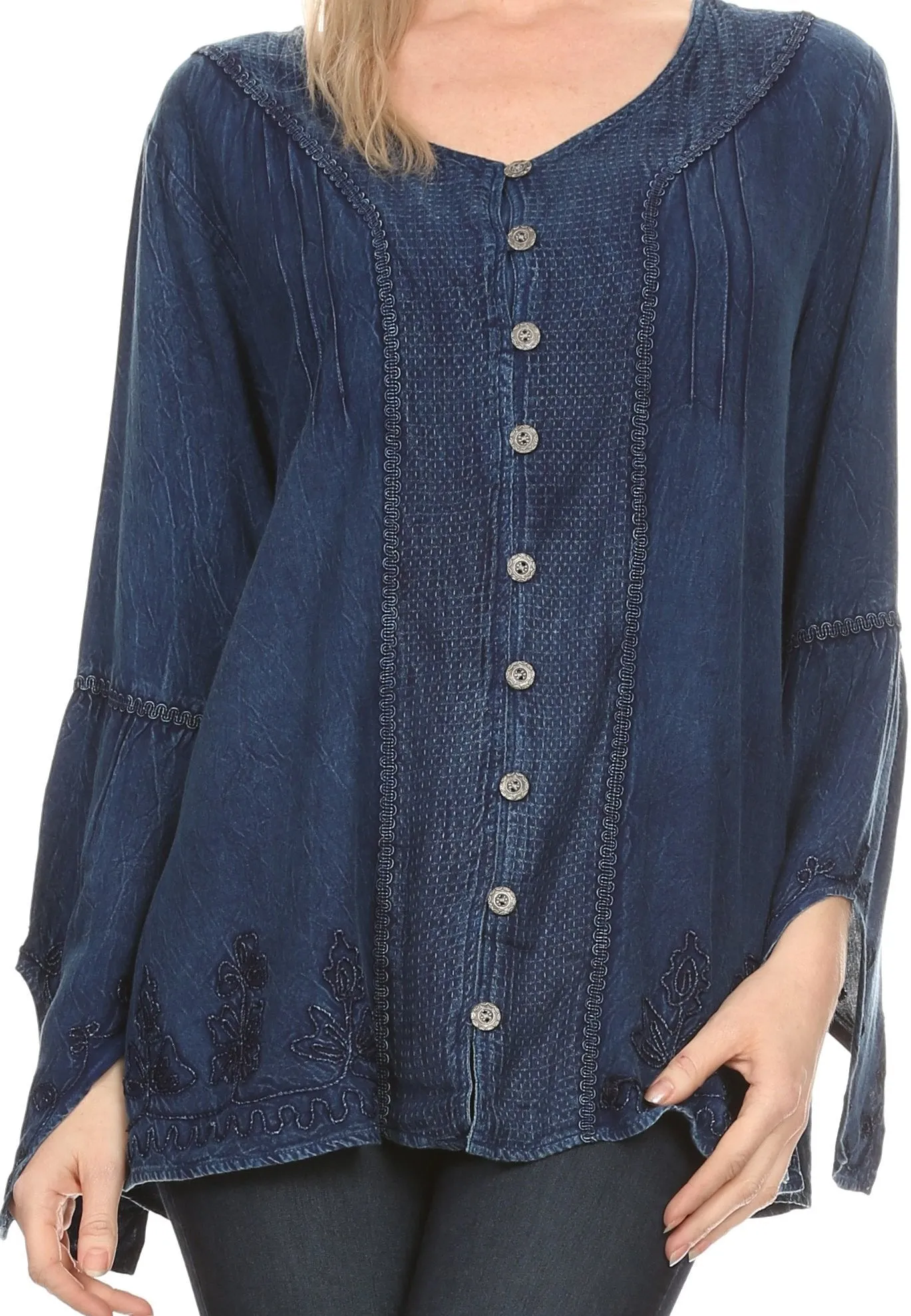 Sakkas Savannah Scoop Neck Button Down Embroiderd Long Sleeve Blouse Top/Shirt