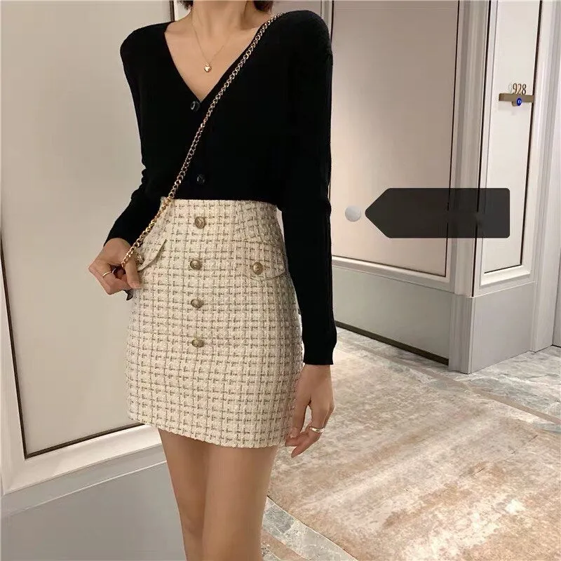 sealbeer Plaid Tweed Skirts Office Lady High Waist Mini Skirt Woolen Clubwear Vintage Buttons Black White Zipper Shorts Skirt