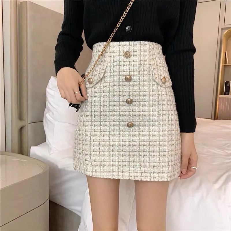 sealbeer Plaid Tweed Skirts Office Lady High Waist Mini Skirt Woolen Clubwear Vintage Buttons Black White Zipper Shorts Skirt