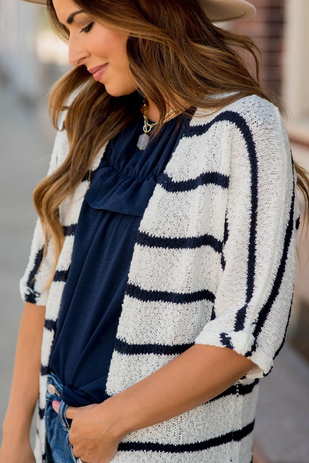 Striped 3/4 Sleeve Knit Cardigan