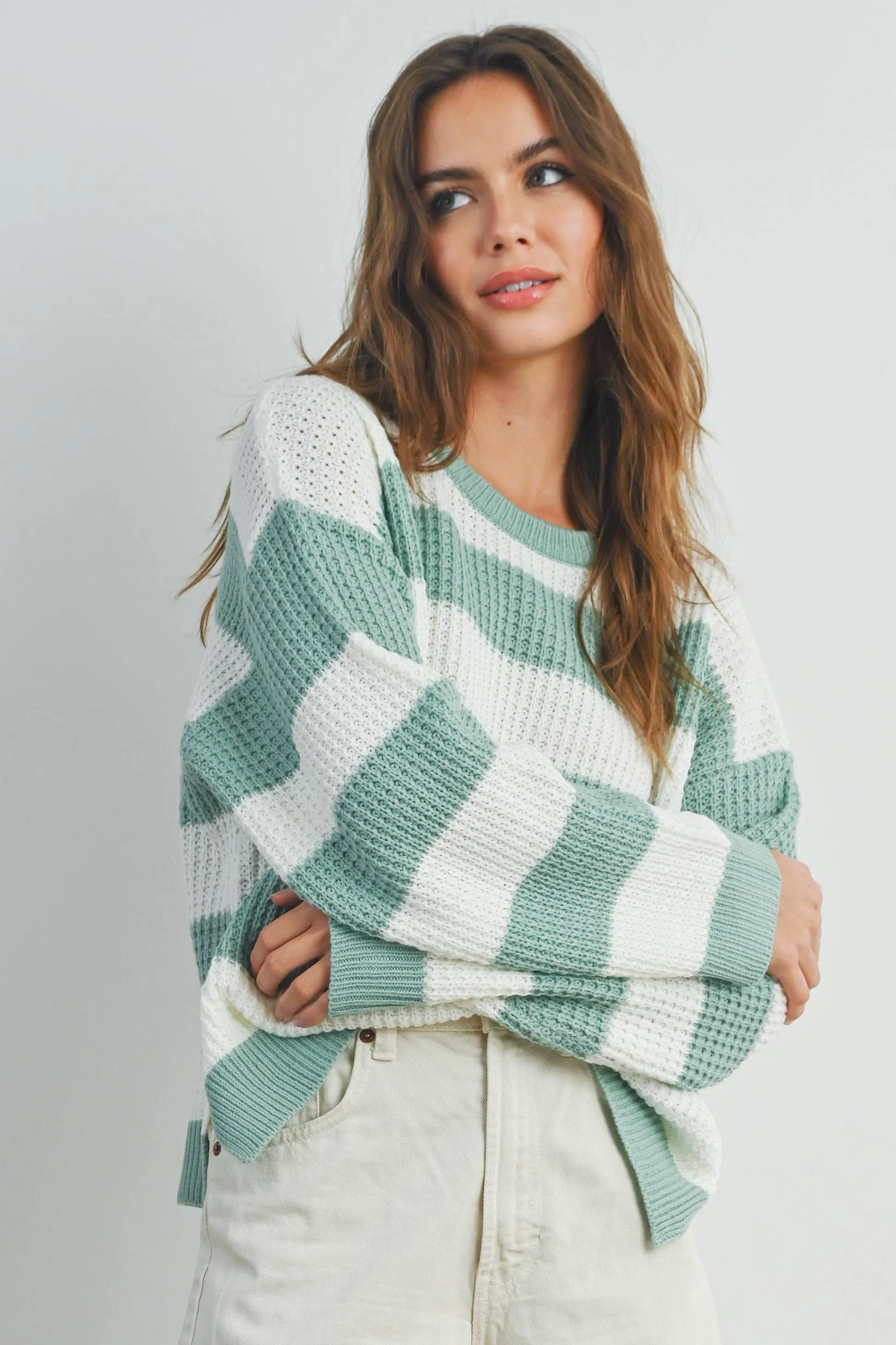 STRIPED ROUND NECK LONG SLEEVE SWEATER