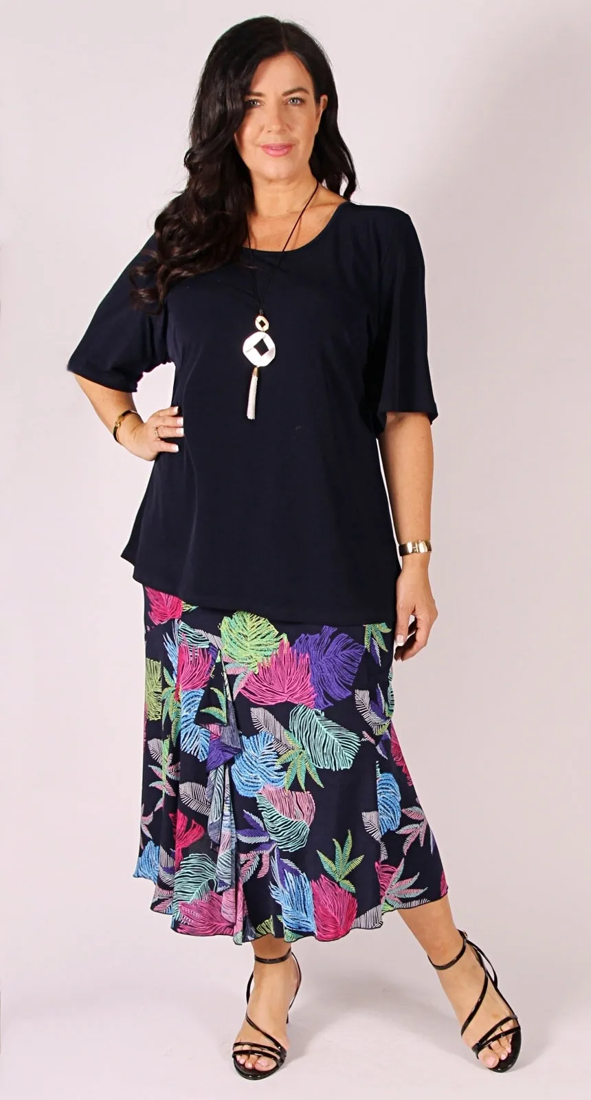 Swing Splice Skirt Colourful Leaves on Navy