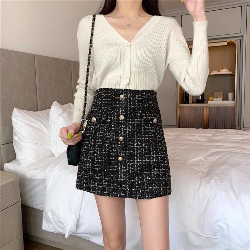 Wenkouban Plaid Tweed Skirts Office Lady High Waist Mini Skirt Woolen Clubwear Vintage Buttons Black White Zipper Shorts Skirt