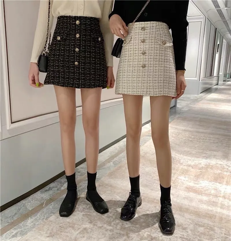 Wenkouban Plaid Tweed Skirts Office Lady High Waist Mini Skirt Woolen Clubwear Vintage Buttons Black White Zipper Shorts Skirt