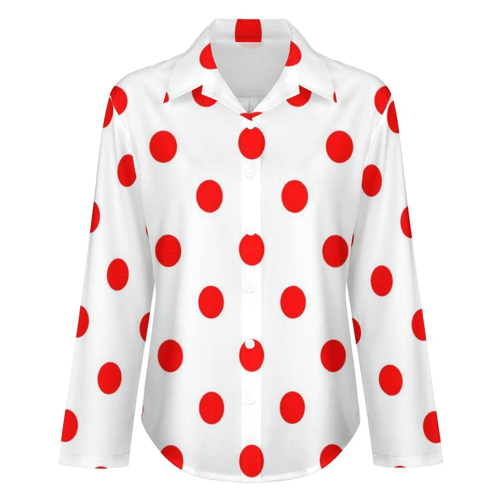 White With Red Polka Dots Long Sleeve Button Up Blouse