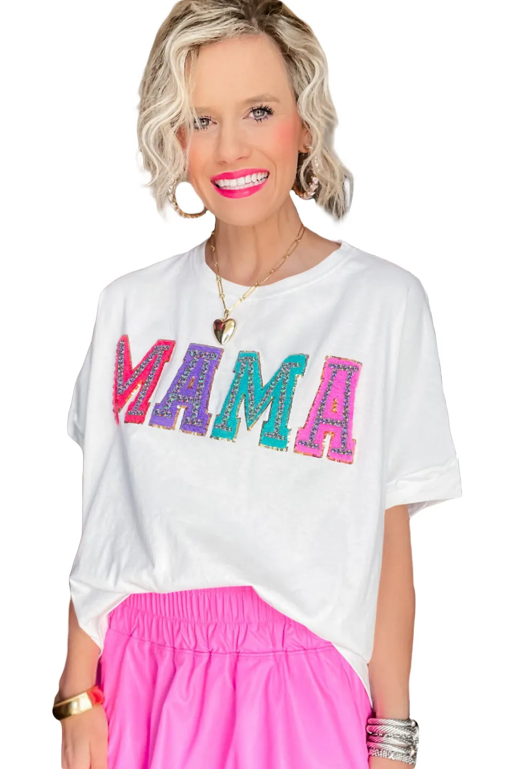 Women Casual MAMA Chenille Patched Crew Neck T Shirt