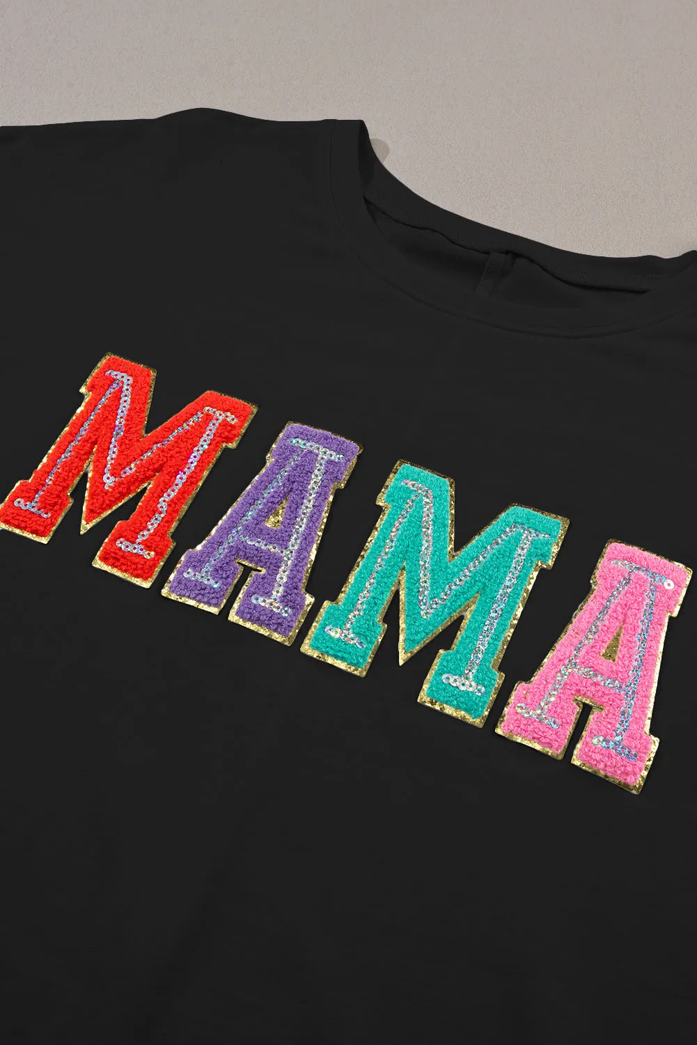 Women Casual MAMA Chenille Patched Crew Neck T Shirt