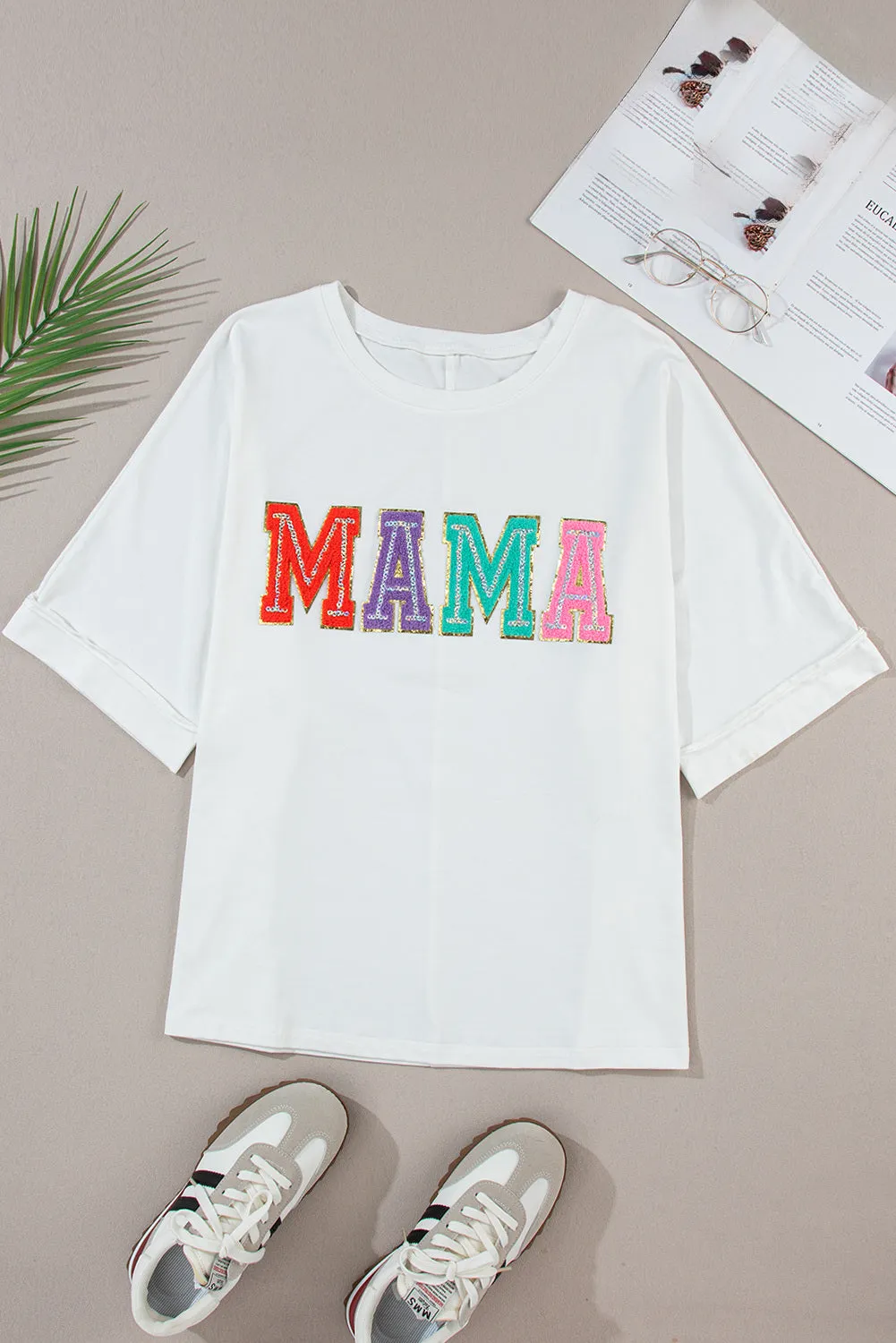 Women Casual MAMA Chenille Patched Crew Neck T Shirt