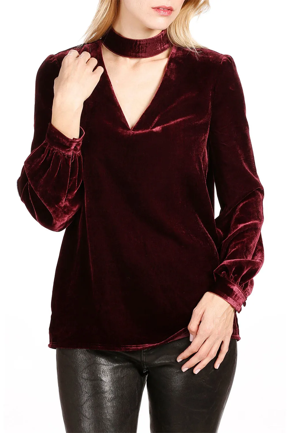 Women's Choker Neck Hollow-out Velvet Blouse