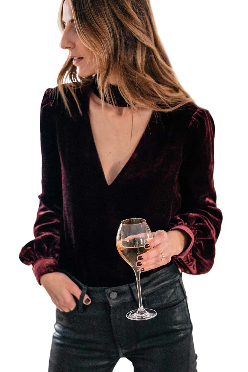 Women's Choker Neck Hollow-out Velvet Blouse