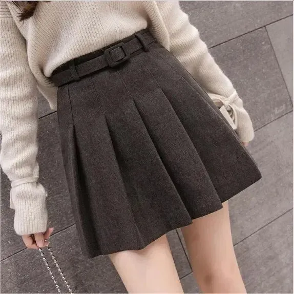 Women's High Waist A- line Skirt with Belt Woolen Pleated Skirt Short Autumn and Winter Woman Skirts Mujer Faldas Saias Mulher